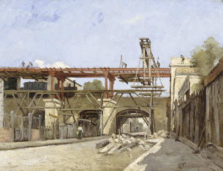 Toile de Paul Désiré Trouillebert, travaux de rehaussement du chemin de fer de Petite Ceinture, pont rue de la Voute.